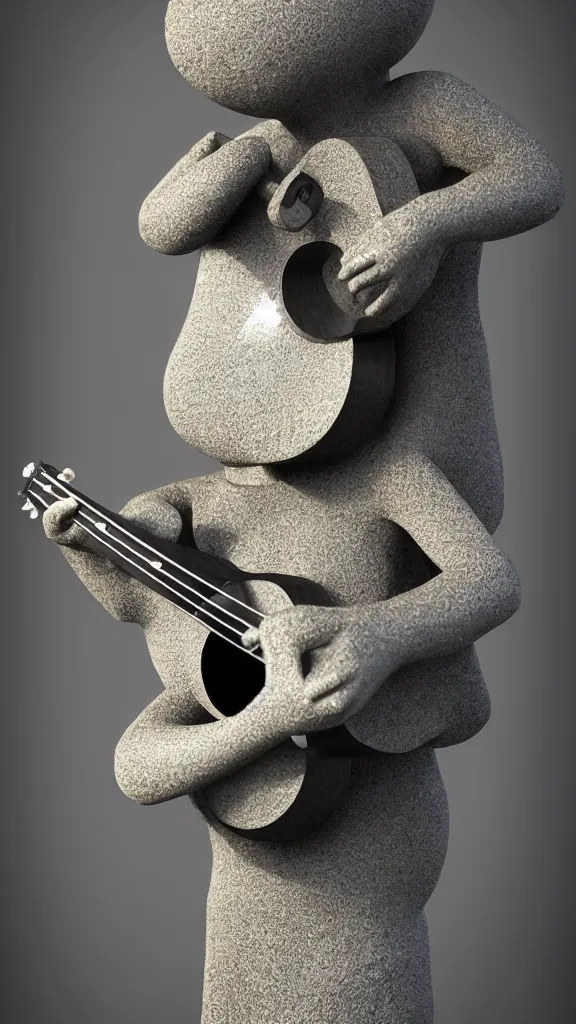 Prompt: ukulele statue in front of black slate stone, cgi rendering, 3D rendering, dramatic lighting, studio lighting, studio photography, gi, global illumination, physically based rendering, photorealistic, small details, intricate, dof, blur, bokeh, depth of field