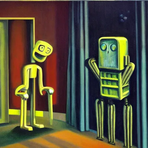 Prompt: weary robot emporer, dystopian, pj crook, edward hopper, oil on canvas