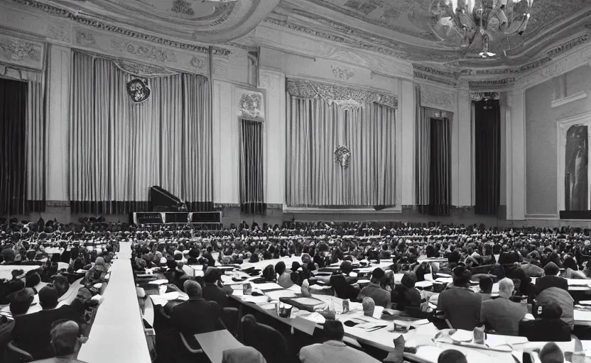 Prompt: 60s movie still of a CCCP congress with soviet flags and many soviet general stanilist style palace interior, by Irving Penn , cinestill 800t 35mm black and white, heavy grainy picture, very detailed, high quality, 4k, HD criterion, precise texture