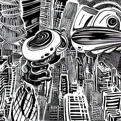 Image similar to black and white alien molluscan cityscape