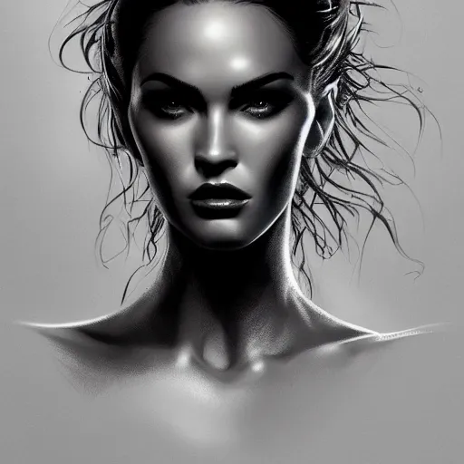 Prompt: portrait of megan fox in black business suit, sultry pose, fantasy, intricate, elegant, highly detailed, digital painting, artstation, concept art, matte, sharp focus, perfect face symmetry, illustration, art by aenaluck and roberto ferri and greg rutkowski, epic fantasy, digital painting