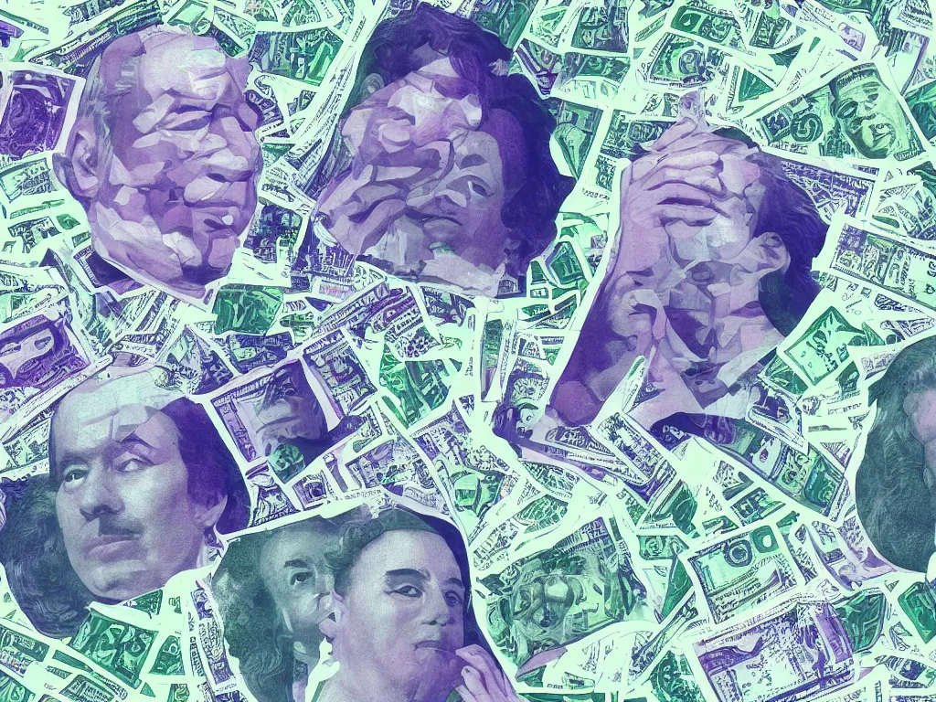 Prompt: vaporwave glitchy corrupt jpeg of corrupt officials bathing in money