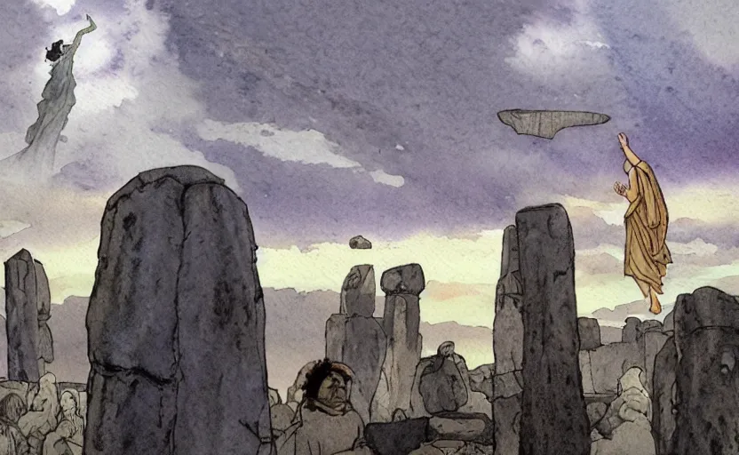 Image similar to a realistic watercolor fantasy concept art of giant monk with a big forehead in grey robes praying in stonehenge. several immense stones are floating in the air. in the background a large ufo is in the sky. by rebecca guay, michael kaluta, charles vess