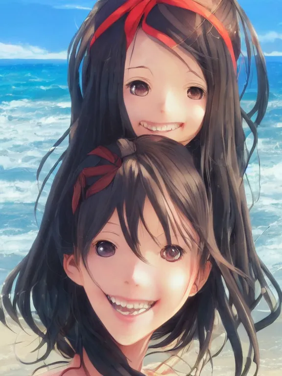 Prompt: A portrait of a smiling anime girl on the beach near the ocean, young child, medium shot, whole head, trending on artstation, by Stanley Artgerm Lau, WLOP, Rossdraws, James Jean, Andrei Riabovitchev, Marc Simonetti, and Sakimi chan, anime portrait, official anime artwork