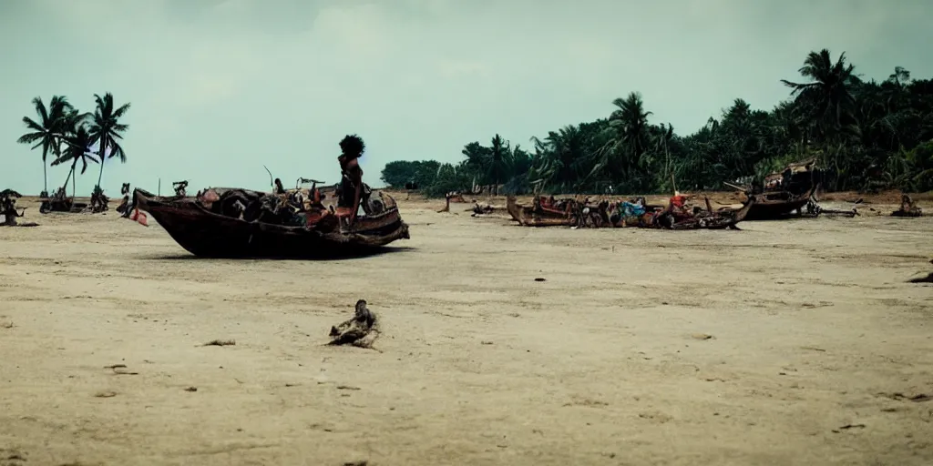 Image similar to sri lankan mad max style on boats, ocean, film still, epic shot cinematography, rule of thirds