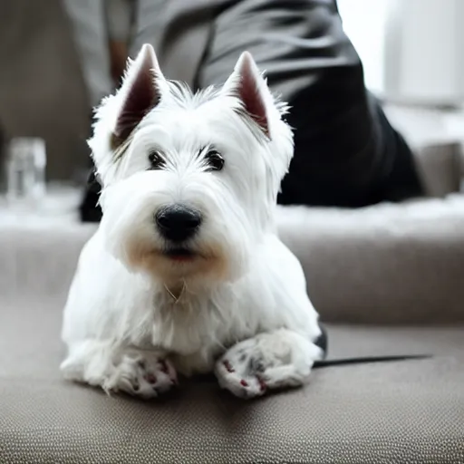 Prompt: dapper well dressed west highland white terrier in a tuxedo drinking scotch and smoking a cigar