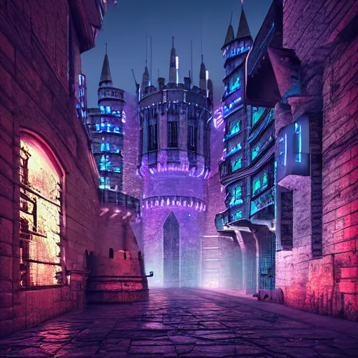 Image similar to cyberpunk landscape of medieval london with a castle. neon. night scene. glow. digital art. octane render.