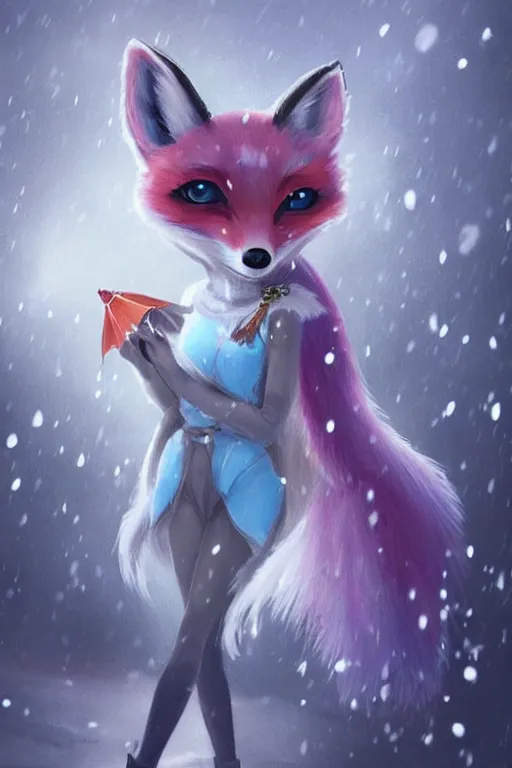 Image similar to a fox princess holding an umbrella, snow, backlighting, trending on artstation, digital art, furry art, trending on furaffinity, fantasy art