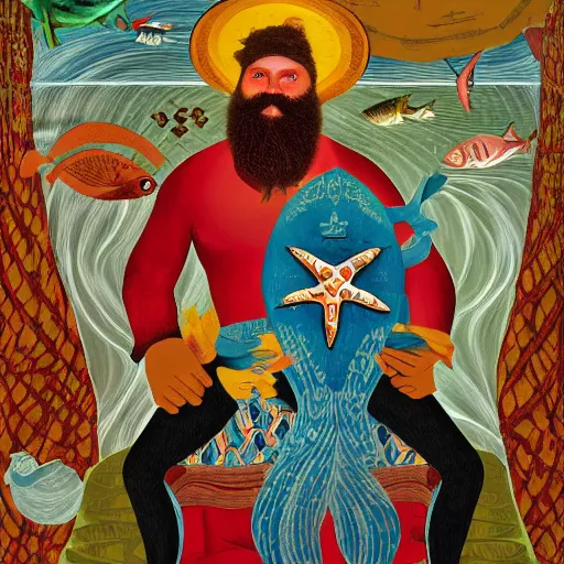 Prompt: precise by william henry hunt, by faith ringgold. a computer art of a mythological scene. large, bearded man seated on a throne, surrounded by sea creatures. he has a trident in one hand & a shield in the other. behind him is a large fish. in front of him are two smaller creatures.
