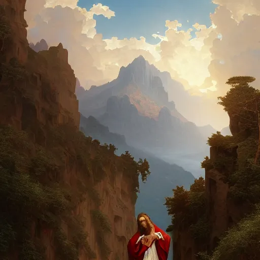 Image similar to christ on the mountain, landscape, intricate, elegant, highly detailed, digital painting, artstation, concept art, smooth, sharp focus, illustration, art by artgerm and greg rutkowski and tomas scholes and william - adolphe bouguereau