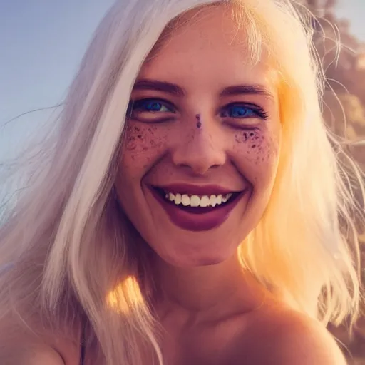 Image similar to beautiful selfie of a cute thin young woman smiling smugly, long light platinum blonde hair, flushed face, small heart - shaped face, cute freckles, light blue eyes, golden hour, 8 k, instagram