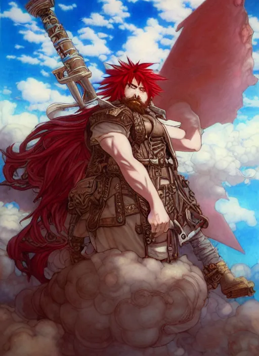 Image similar to prompt : ragnarok online portrait soft light painted by james jean and katsuhiro otomo and erik jones, inspired by akira anime, epic fantasy, a long red haired, red bearded male sky - pirate standing in front of an airship, intricate oil painting, high detail illustration, sharp high detail, manga and anime 1 9 9 9