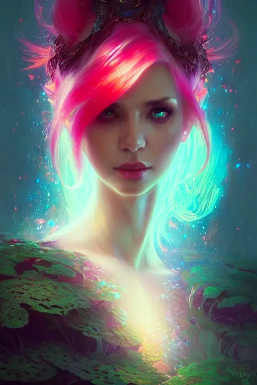 Image similar to stunningly beautiful female neon hair, fantasy art, fae priestess, mushroom forest landscape, dark light night, sharp focus, digital painting, 4 k, concept art, art by wlop, artgerm, greg rutkowski and alphonse mucha