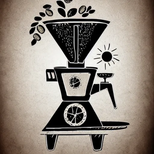 Prompt: coffee roaster machine, coffee, hand drawn, engraved vector, by alexanderpokusay