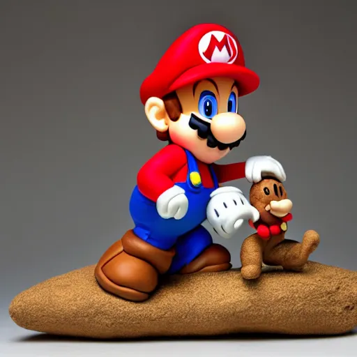 Prompt: clay sculpture of super mario stomping on a goomba. studio photography.