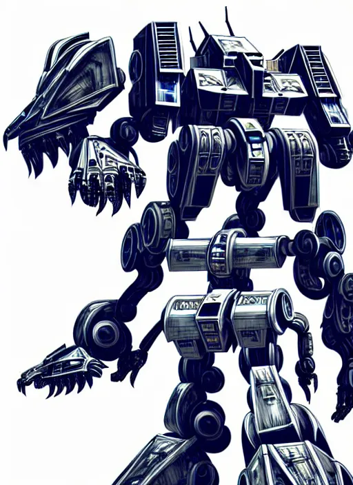 Image similar to very technical and detailed blueprint of a robot tiger, center frame, side view intricate details, ultra - detailed, baroque style, illustration, desaturated, concept art, battletech, mechwarrior, zoids, gundam