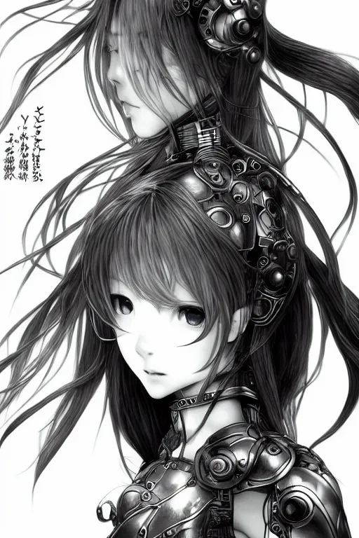 Image similar to a vertical portrait of a character in a scenic environment by Yoshitaka Amano, black and white, dreamy, cybernetic armor, wavy long black hair, highly detailed