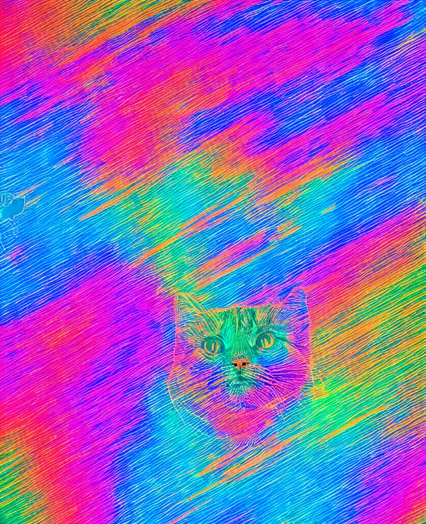 Image similar to highly detailed high resolution stacked plot of radio emissions from a pulsar, abstracted light refractions and stripy interference, making up a fluffy cat, silk screen t-shirt design in the style of FELIPE PANTONE 4K