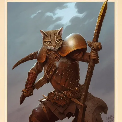 Image similar to ( ( ( full length portrait of tabby tabaxi warrior, halberd, breastplate ) ) ), d & d, tyler jacobson, greg rutkowski, frank frazetta, alexandre chaudret, boris vallejo, michael whelan, miro petrov, magali villeneuve, donato giancola
