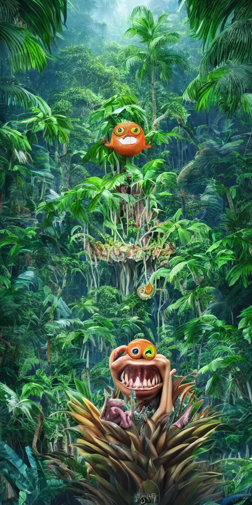 Image similar to of a tropical rainforest lake with strange cute friendly happy creatures with huge eyes, mouth, long tongue, round teeth and goofy face, appearing from the treesl, in the style of gehry and gaudi, macro lens, shallow depth of field, ultra detailed, digital painting, trending artstation, concept art, illustration, cinematic lighting, photorealism, epic, octane render