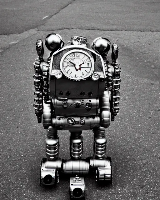 Image similar to robot made out of clock parts, hyper realism, high detail, extremely detailed, very sharp, award winning photo, in the style of vivian maier