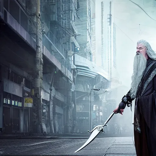 Prompt: gandalf cyberpunk photo