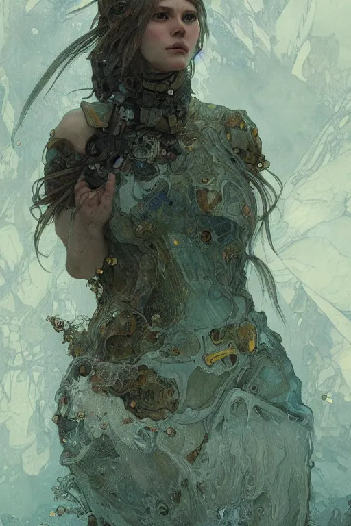 Image similar to a full body portrait of a beautiful post apocalyptic offworld neoicelandic biofarmer swimming by the waterfalls, intricate, elegant, highly detailed, digital painting, artstation, concept art, smooth, sharp focus, illustration, art by krenz cushart and artem demura and alphonse mucha