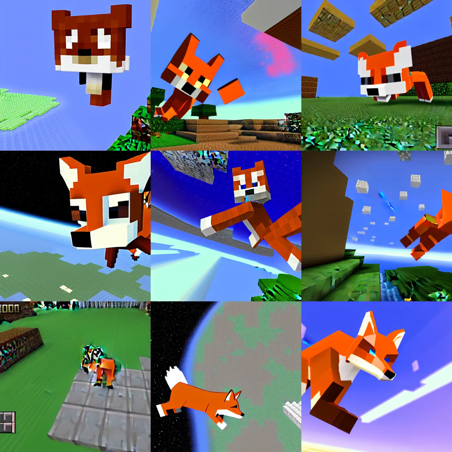 Prompt: fox from minecraft flying in space in front of white crunch