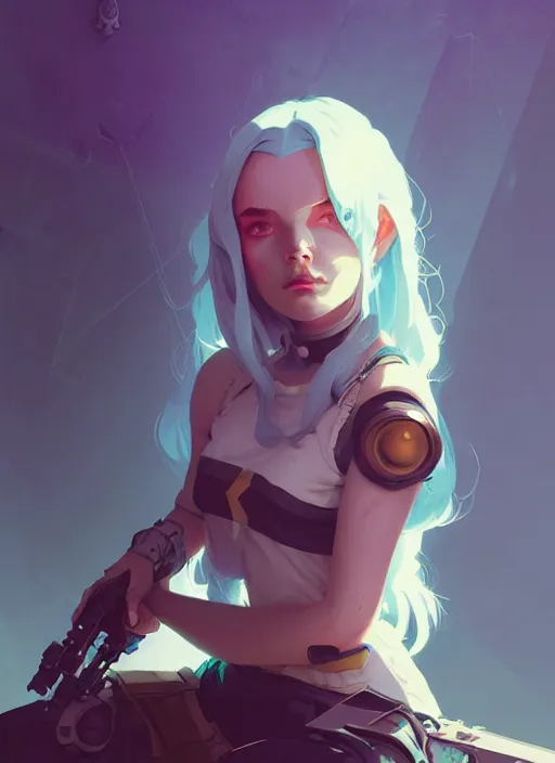 Image similar to portrait of cute psyker maiden girl, warhammer, cyberpunk by atey ghailan, by greg rutkowski, by greg tocchini, by james gilleard, by joe gb fenton, by in kaethe butcher, dynamic lighting, gradient light blue, brown, blonde cream and white color in scheme, grunge aesthetic