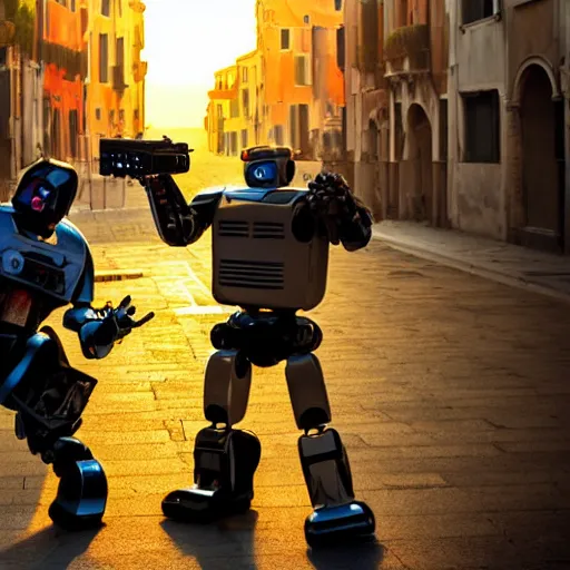 Image similar to two evil humanoid robott with a gun, in venice, cyberpunk style, wide shot, long shot, sunset golden hour