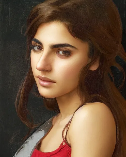 Prompt: a highly realistic, true to life portrait of a beautiful young middle eastern girl, sharp focus, from the waist up, with sharp features, a beautiful face, soft smile, under studio lighting, taken with a canon eos camera with 1 3 5 mm focal length, art by artgerm and greg rutkowski and alphonse mucha