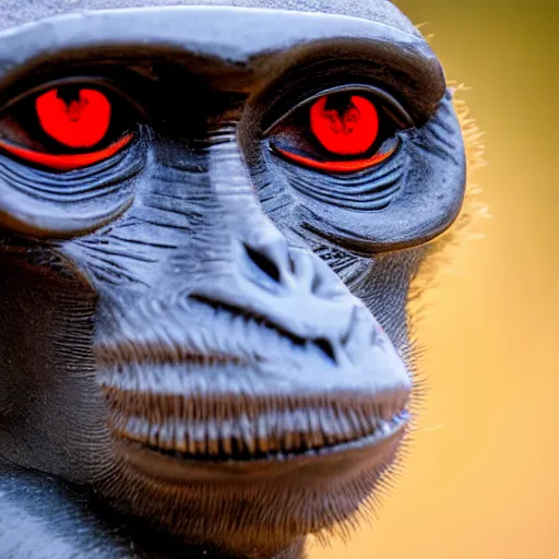 Prompt: a monkey made of stone, with glowing red eyes