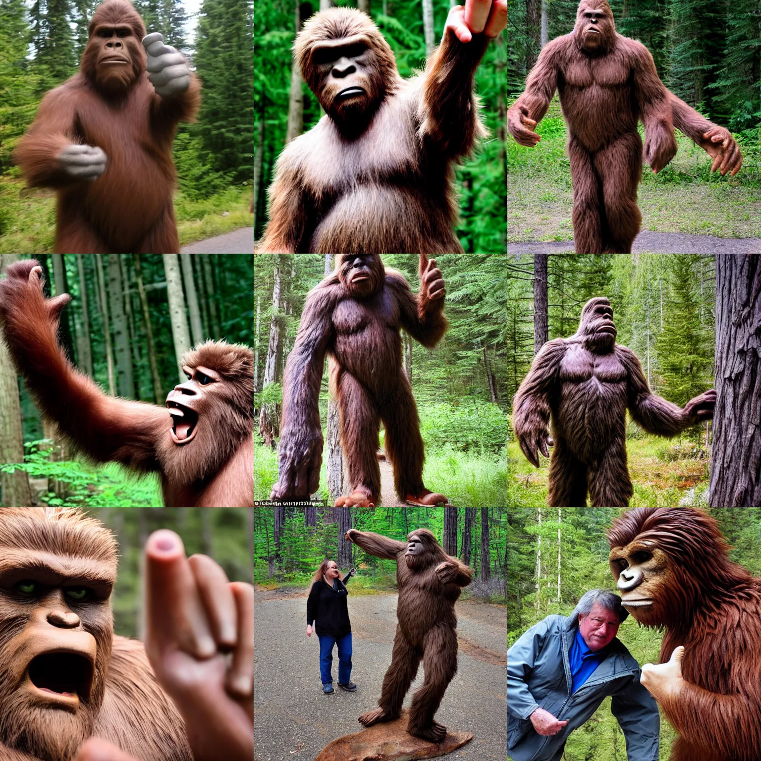 Prompt: Bigfoot giving the finger to a tourist named Karen, photo, sharp focus