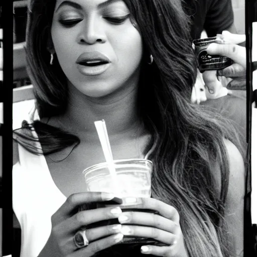 Image similar to real life paparazzi photo of Beyoncé drinking actual lemonade, 35mm film camera