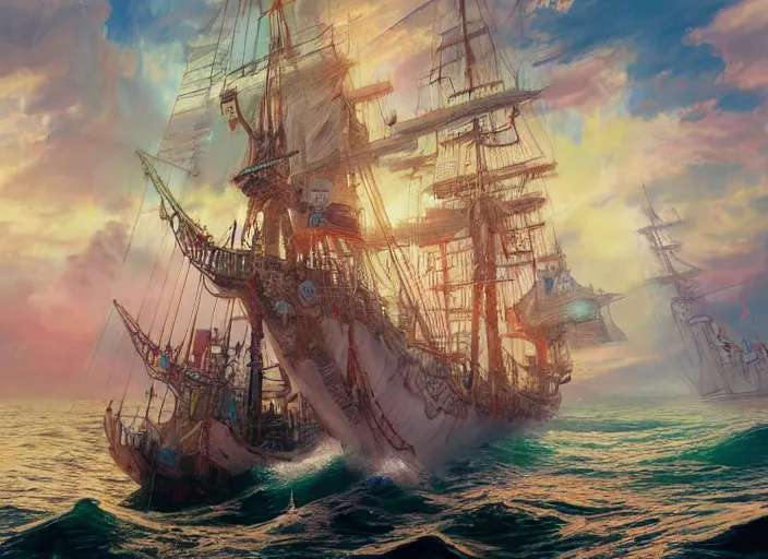 Image similar to detailed concept art illustration colorful pastel painting of a pirate ship on the ocean in full intricate sails and water, ultra detailed, digital art, octane render, 4K, dystopian, micro details