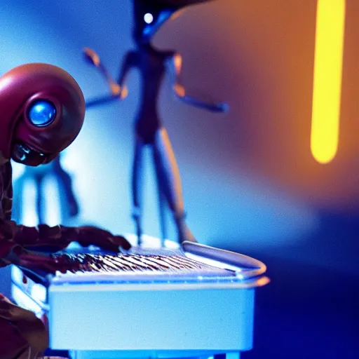 Image similar to cinematic film still of Pharrell Williams Making A Beat with an anthropomorphic alien, Japanese VFX, 2018, 400mm lens, f1.8, shallow depth of field,film photography