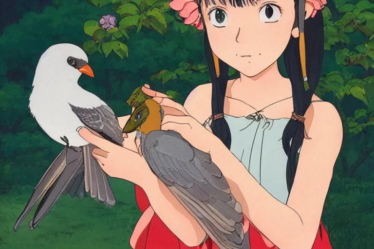 Image similar to young pretty girl holding a bird in her hands, looking touched, Fragile looking character portrait , beautiful scene; highly detailed art, by Studio Ghibli , High contrast, anime art