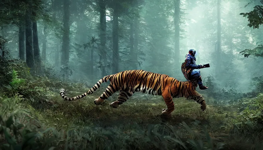 Image similar to american astronaut in the forest riding a bengal tiger, plants environment, wide angle, cinematic lighting, atmospheric, ultrarealistic, trending on artstation, cgsociety, highly detailed, color graded, in the style of craig mullins, rendered in Unreal Engine 4k HQ, shadow of the tomb rider