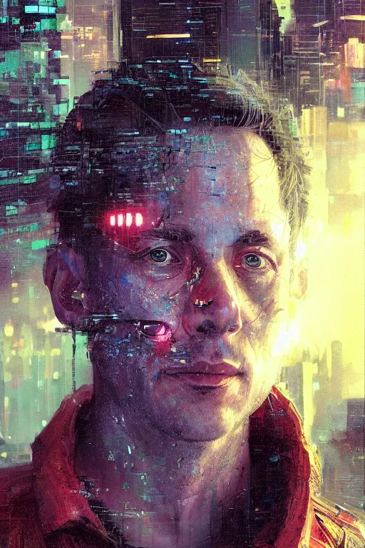 Image similar to A portrait of the author Erik Davis as a cyberpunk, iridescent highlights, background of digital greebles, highly detailed, intricate, soft, sci-fi, sharp focus, glowing lines, art by Ruan Jia and Moebius