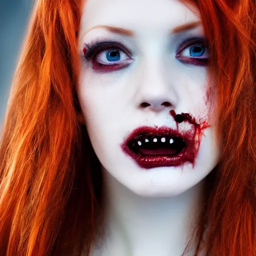 Prompt: close up portrait photo of a real beauty redhead zombie, 8k,