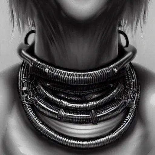 Image similar to detailed realistic female character cyberpunk wearing thick steel collar around neck, realistic, art, beautiful, 4K, collar, choker, collar around neck, punk, artstation, detailed, female, woman, choker, cyberpunk, neon, punk, collar, choker, collar around neck, thick collar, choker around neck, wearing choker, wearing collar,