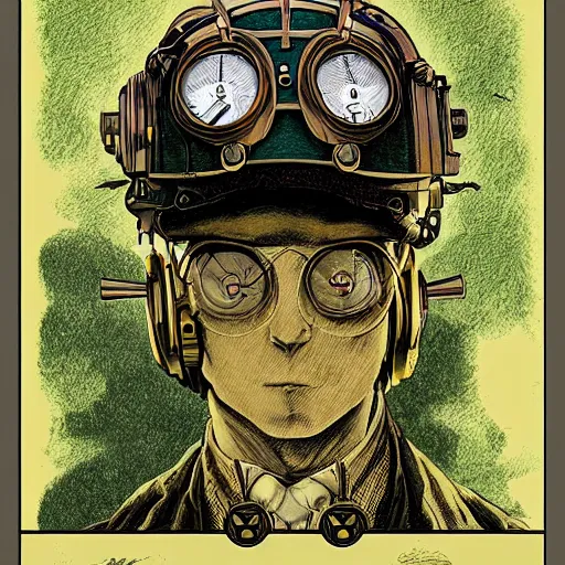 Image similar to a dieselpunk school photo in the style of moebius ; steampunk, jean giraud, illustration, drawing, painting, face, green, yellow, red, muted, clean lines, centered face, symmetric, digital art, detailed, artstation, deviantart, hd, 8 k, 4 k