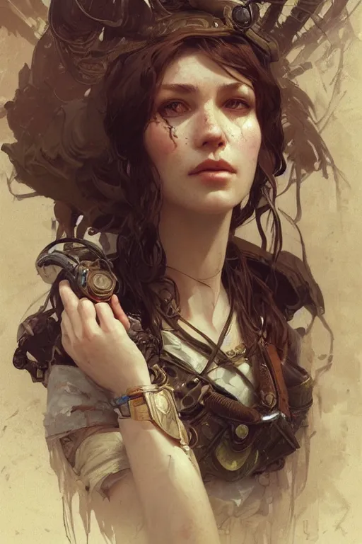 Image similar to A full portrait of a beautiful post apocalyptic snake handler, intricate, elegant, highly detailed, digital painting, artstation, concept art, smooth, sharp focus, illustration, art by Krenz Cushart and Artem Demura and alphonse mucha