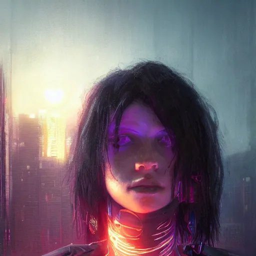 Image similar to molly millions, closeup portrait of a young beautiful cyberpunk woman, mirror eye implants, black hair in a rough shag, sunset, neuromancer, street samurai, cyberpunk city background, megacity, gorgeous view, depth, painted by seb mckinnon, high detail, digital art, painted by greg rutkowski, trending on artstation