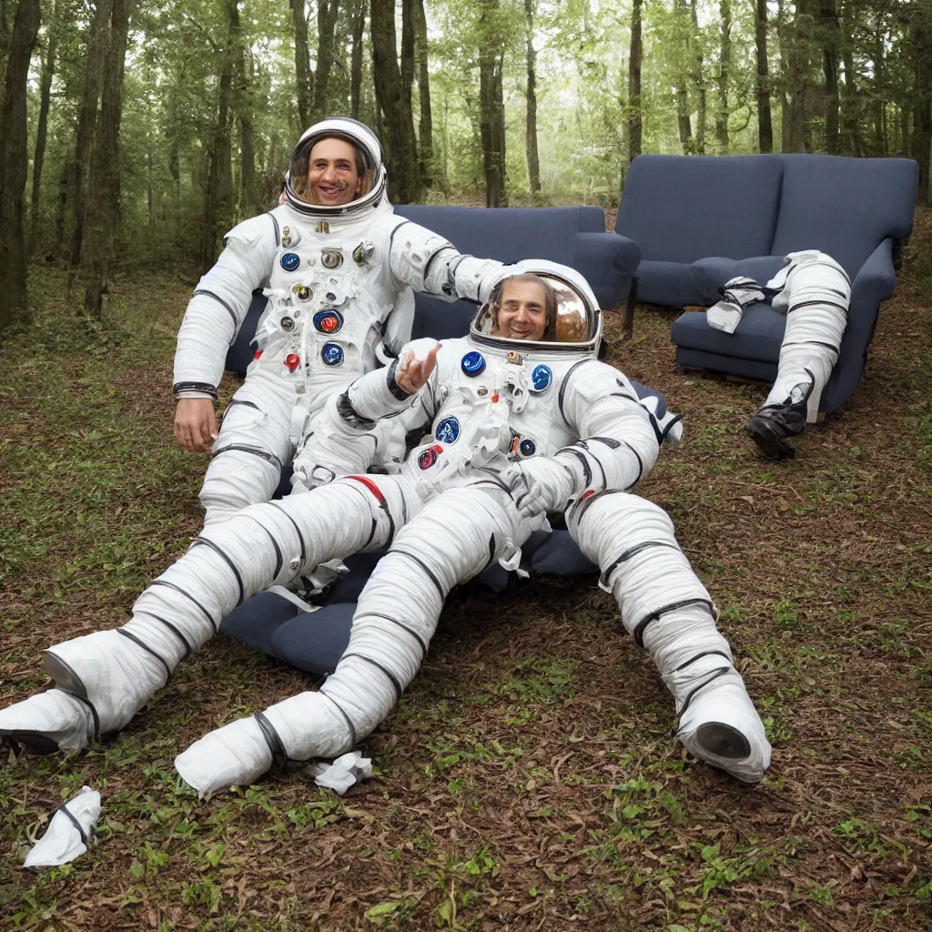 Image similar to astronaut sitting on a couch in the forest