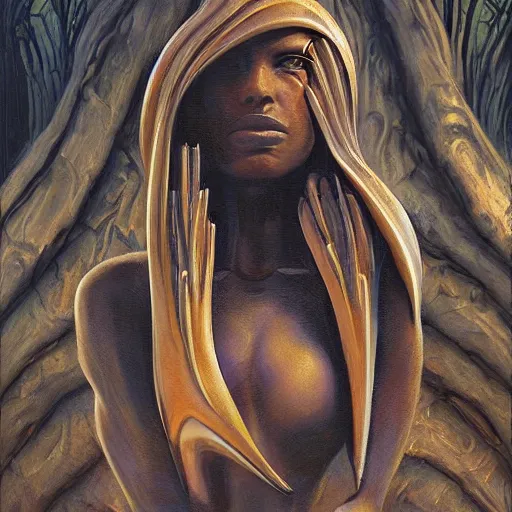 Image similar to detailed face of a woman with obsidian eyes in a biomorphic courtyard with dna sculptures at a science expo, atmospheric, ambient, pj crook, syd mead, livia prima, artgerm, greg rutkowski, nick alm, casey baugh