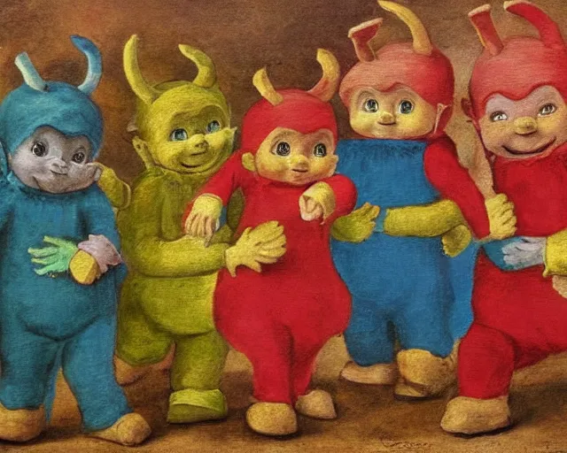 Image similar to a 1 6 0 0 s painting of the teletubbies