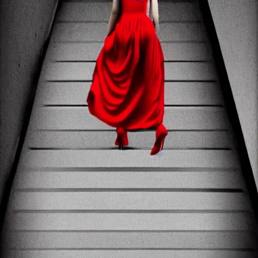 Prompt: a girl in a red dress climbing infinite stairs to heaven, cinematic image, hyperrealistic, sketch draw