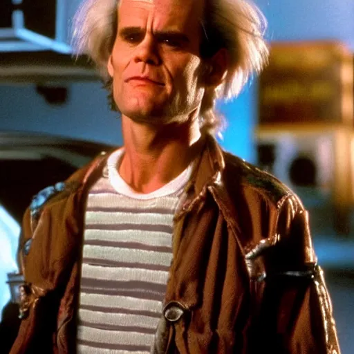 Image similar to stunning awe inspiring jim carrey as doc brown in the movie back to the future, movie still 8 k hdr atmospheric lighting