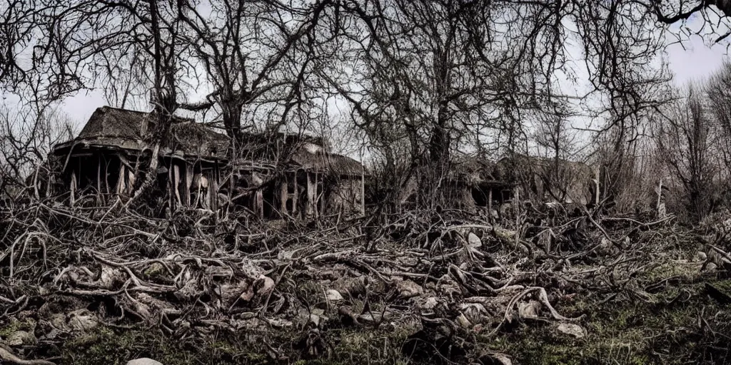 Prompt: beautiful decaying nature landscape with skulls everywhere